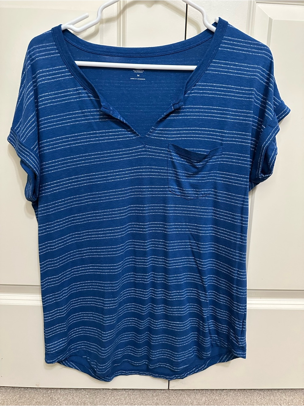 Old Navy Blue Striped V-Notch Pocket Tee
